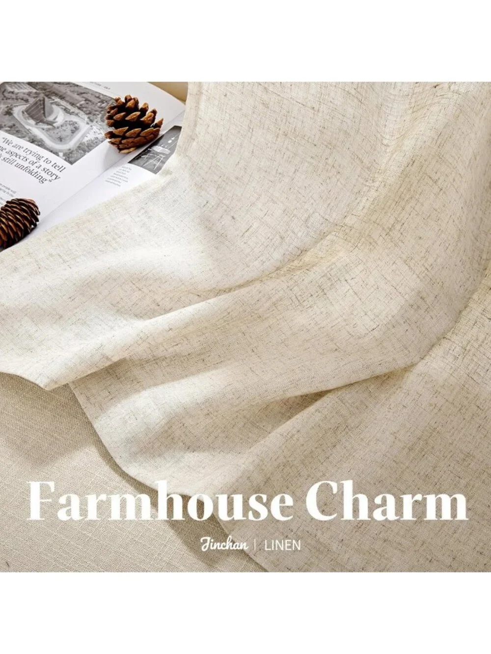 Natural Linen Pinch Pleated Tier Curtains - Light Filtering Farmhouse Style, 20